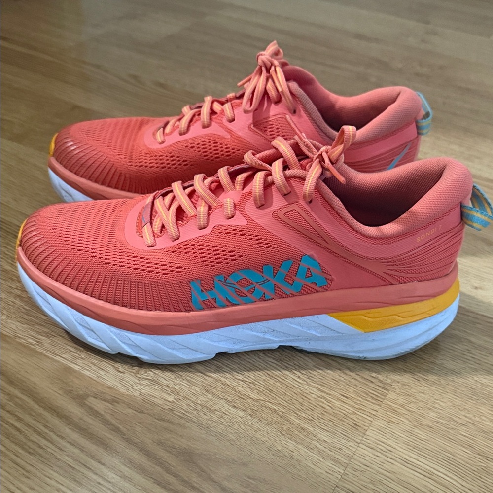 Hoka Vibrant Coral Sneakers with Blue and Yellow